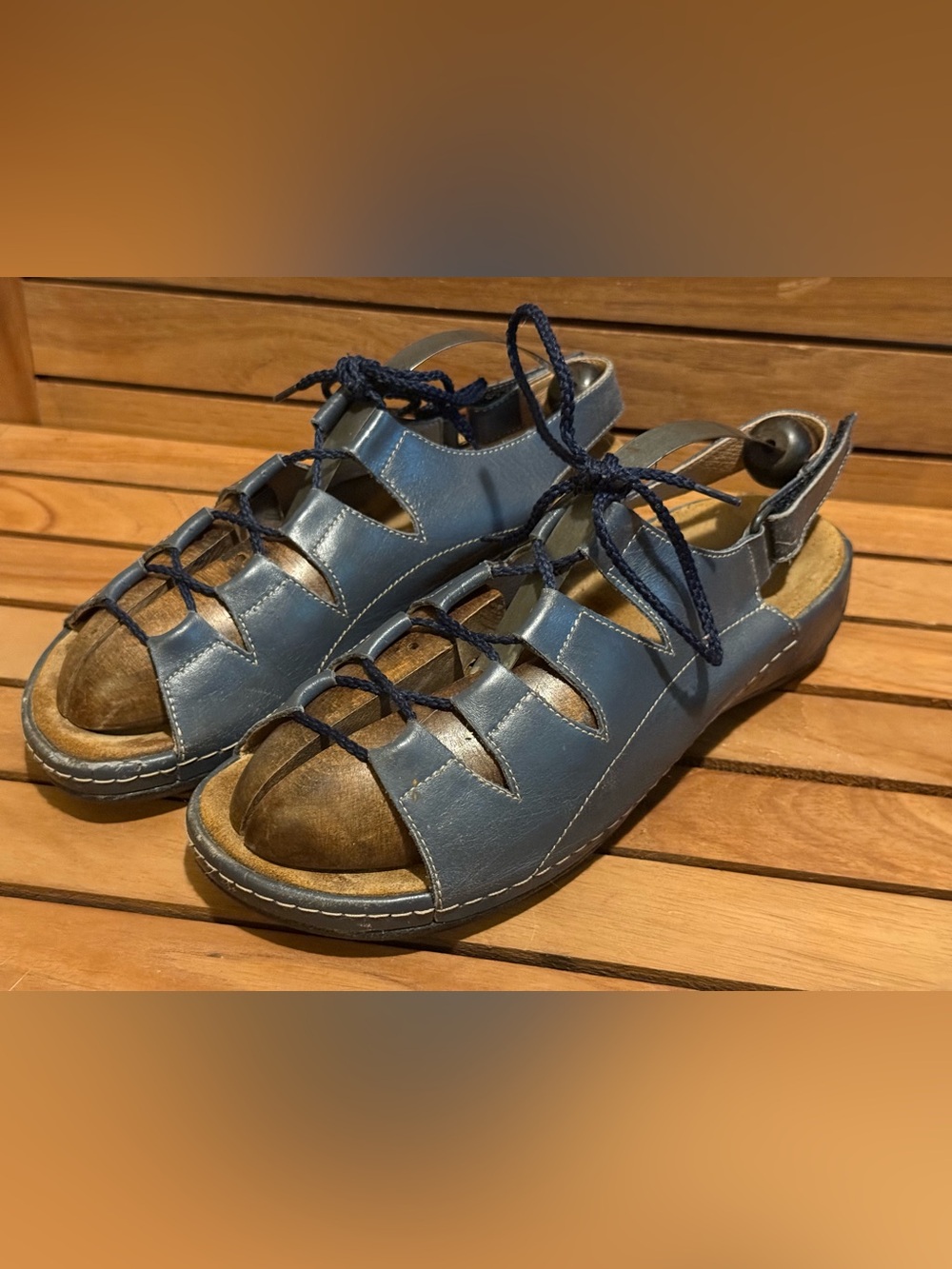 Wolky Navy Blue Leather Lace-Up Fisherman Sandals